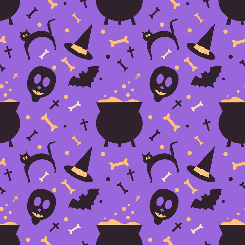 fondo transparente de halloween. cráneo abstracto, hueso, gato negro, murciélago y olla de bruja y sombrero aislado en púrpura para diseñar invitaciones de halloween, tarjetas, menú. ilustración de dibujos animados de vectores