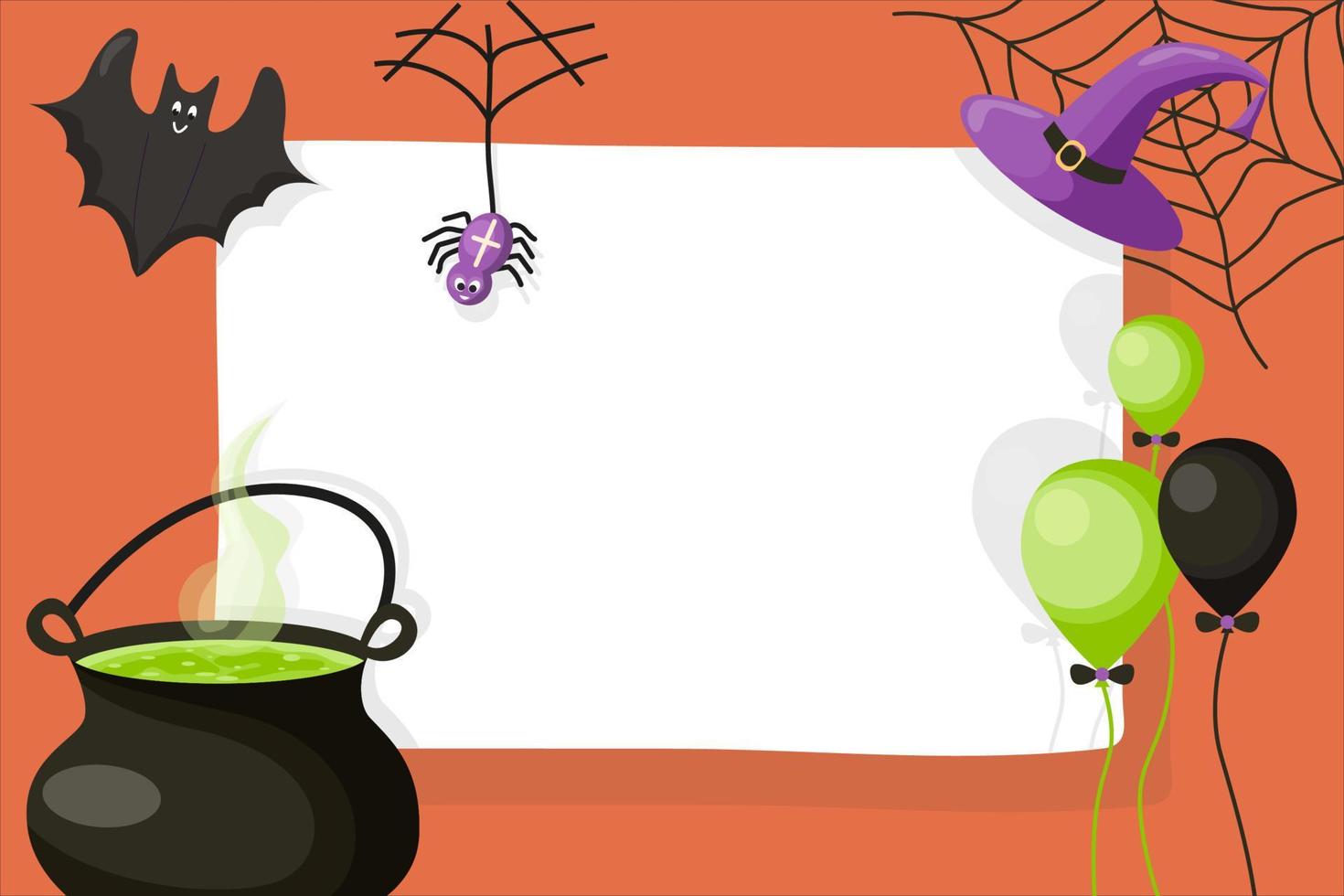 Halloween cute invitation, poster or greeting card template. Frame for text with witch cauldron, hat, bat, ballons and spider on web. Cartoon vector illustration