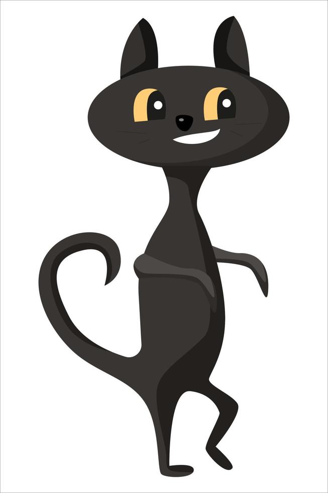 Black funny cat crouching on its hind legs. Cartoon flat vector illustartion isolated on white background