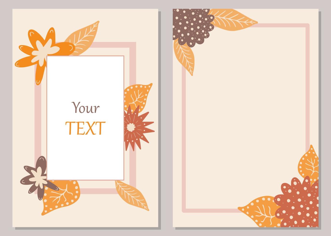 Modern fall botanical card template with hand drawn flowers and leaves. Cute autumn foliage cards with space for text. Cartoon vector illustration for party invitations, notebook pages, scrapbook