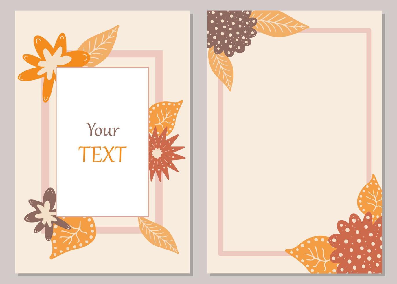 plantilla de tarjeta botánica de otoño moderna con flores y hojas dibujadas a mano. lindas tarjetas de follaje otoñal con espacio para texto. ilustración vectorial de dibujos animados para invitaciones a fiestas, páginas de cuadernos, álbumes de recortes vector