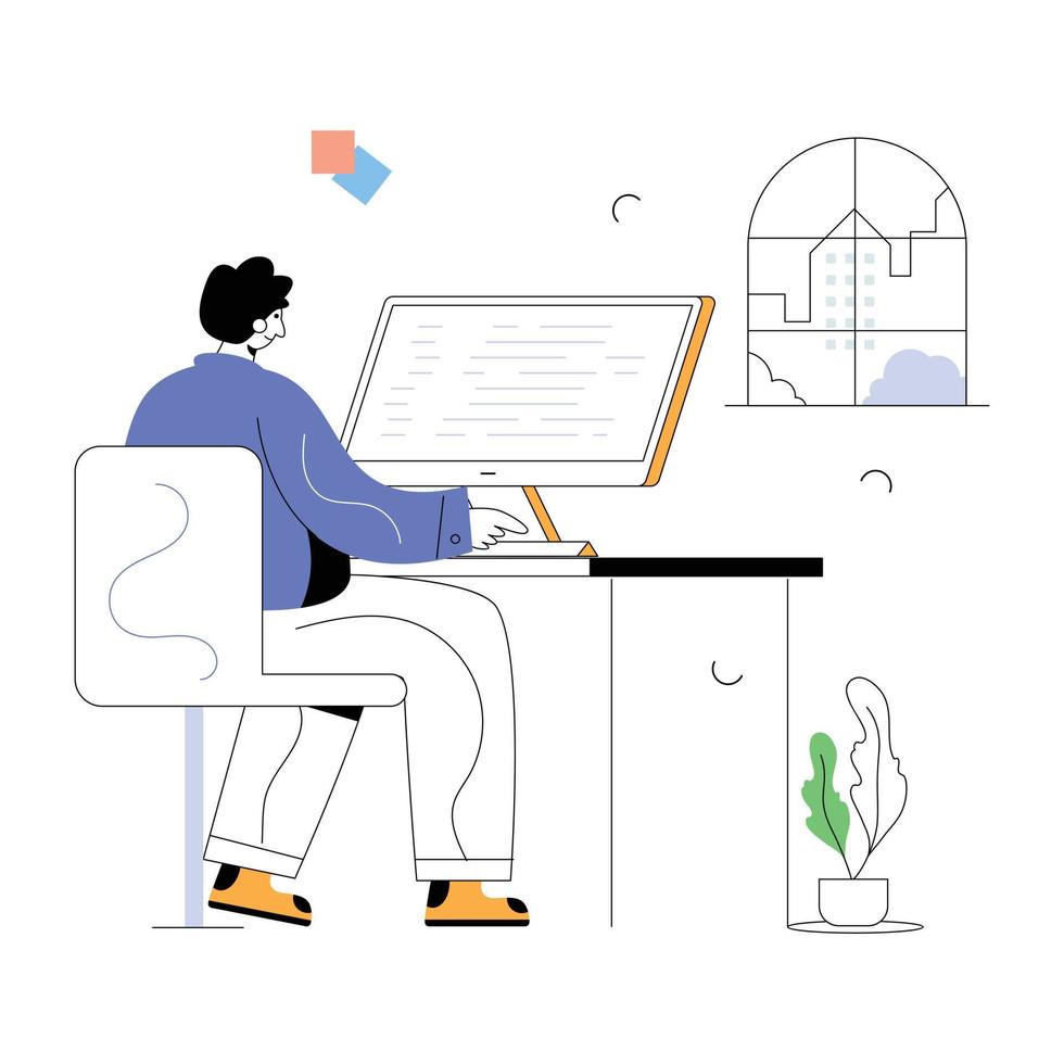 Person working on desktop, flat illustration of office vector