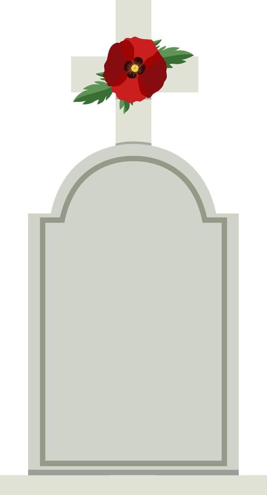 Poppy flowers on cross gravestone for remembrance day icon vector