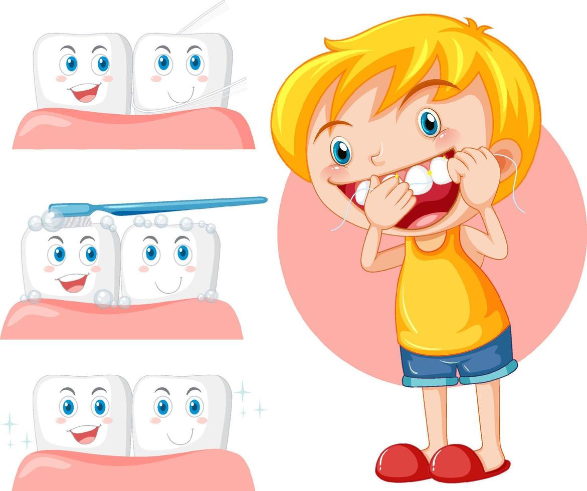 Cute girl cartoon character flossing teeth vector
