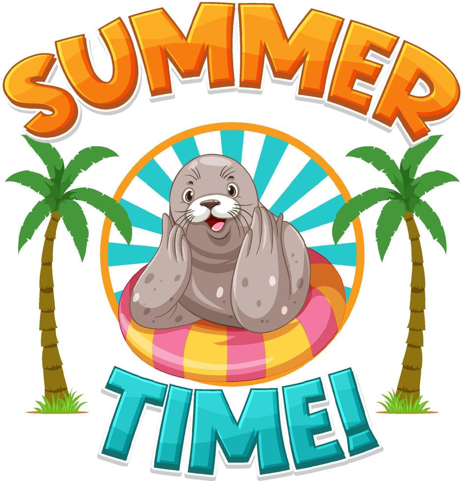 Seal cartoon character with summer time word vector