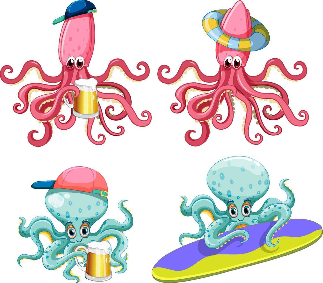 Set of squid and octopus cartoon character set vector