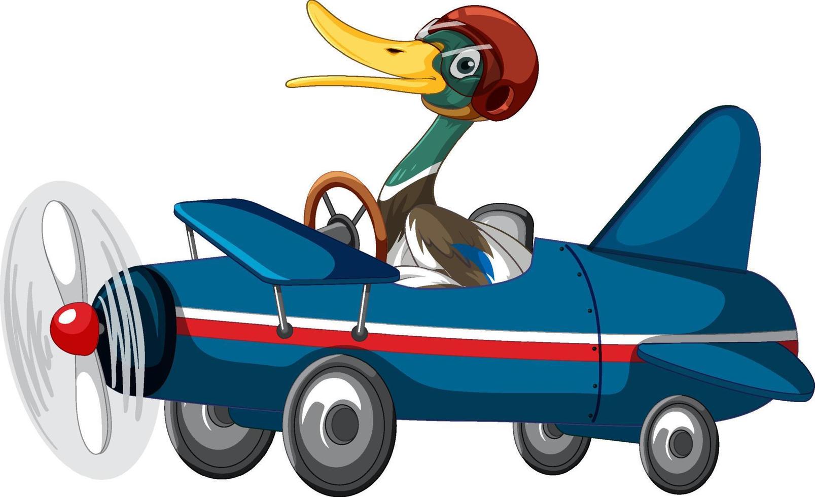 Cute duck wearing helmet driving racing car vector