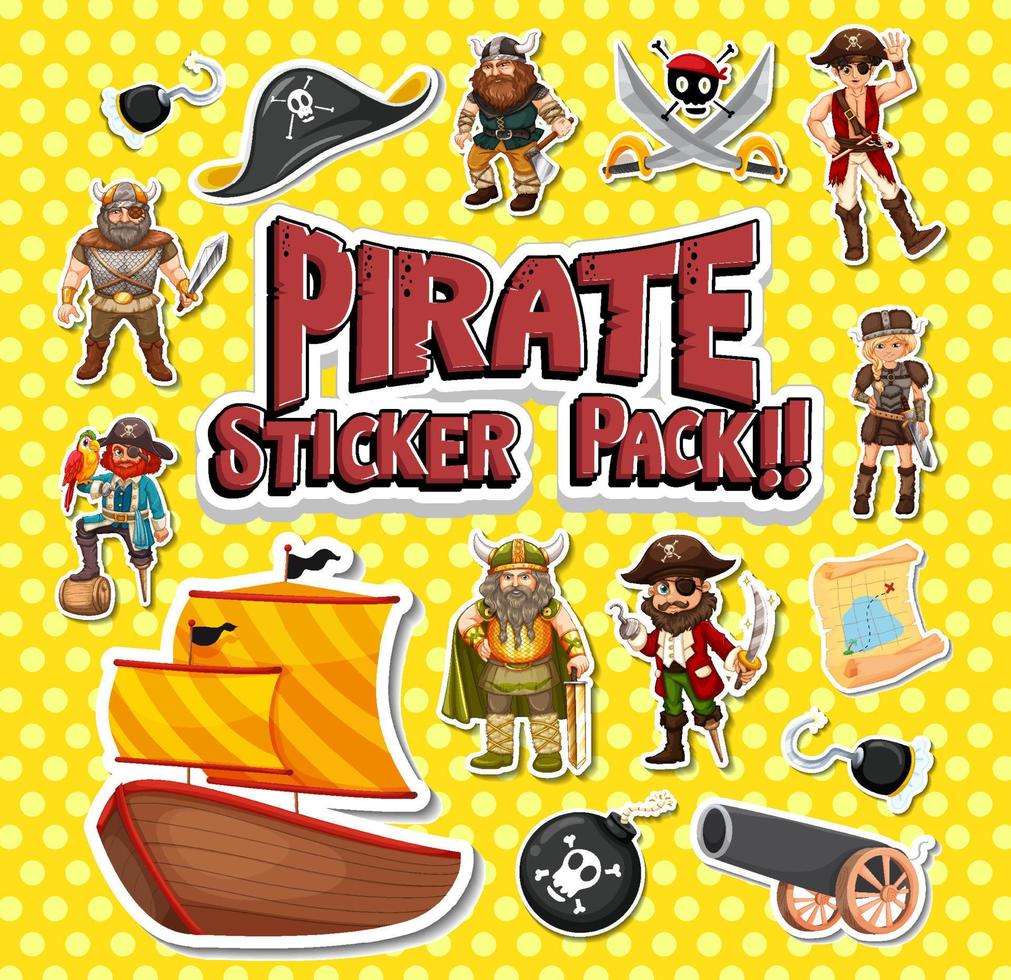 Sticker pack of pirate cartoon characters and objects vector