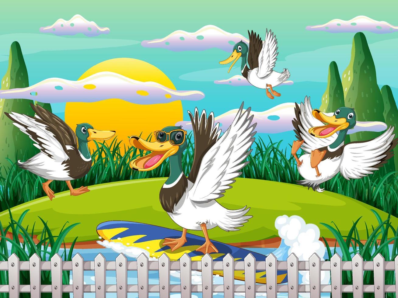 Outdoor scene with cartoon ducks vector