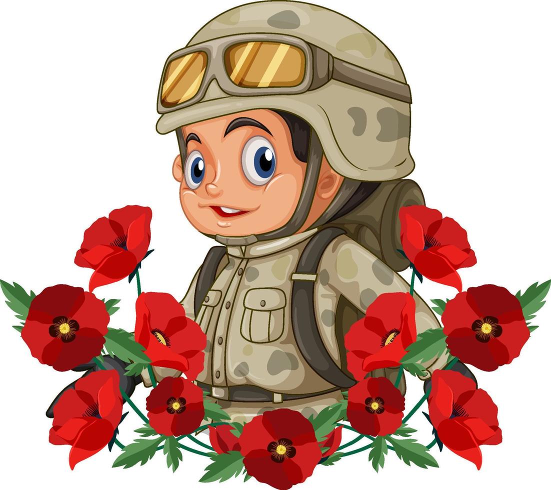 personaje de dibujos animados militar con icono de flor de amapola vector