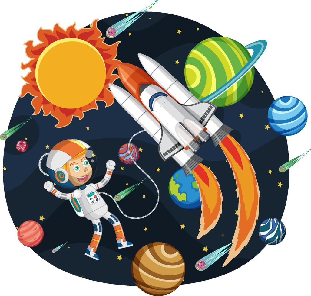 Astronaut with planets and rocketship vector