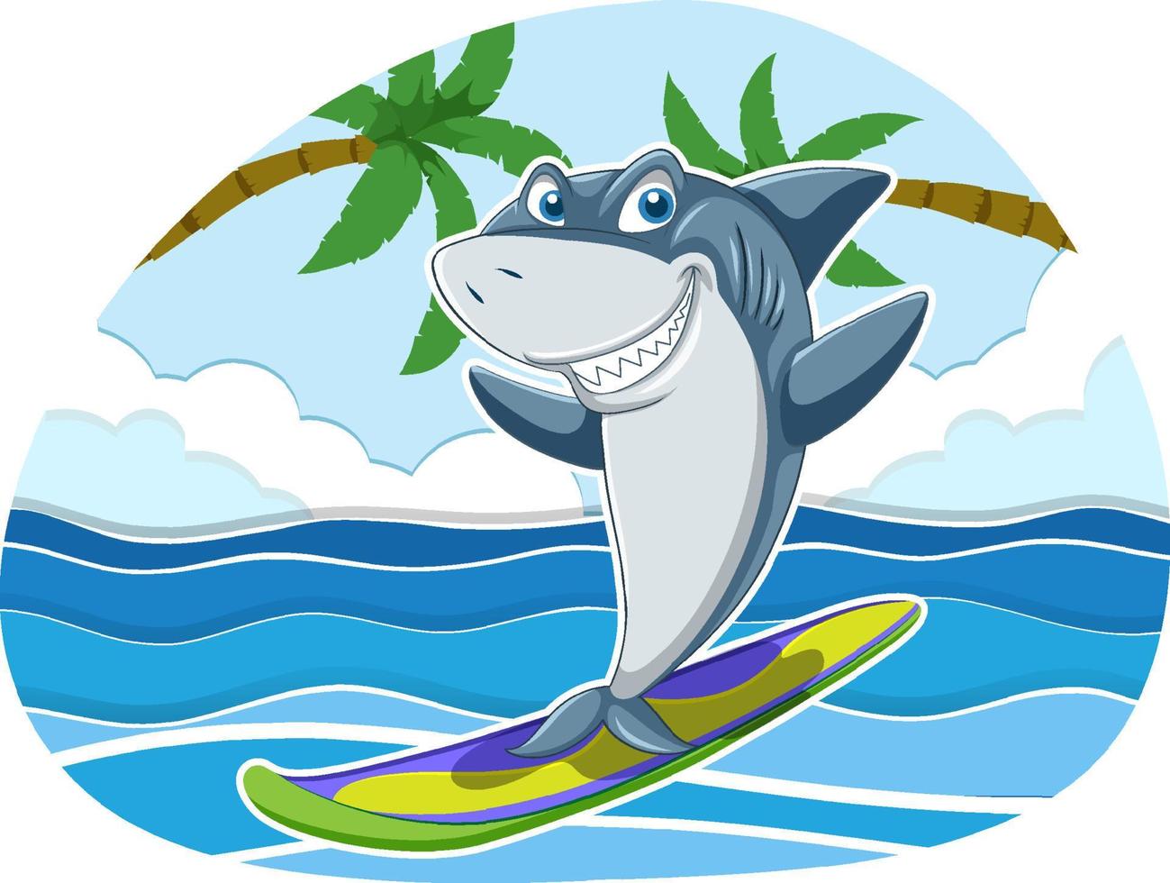 Cute shark surfing cartoon ocean scene vector