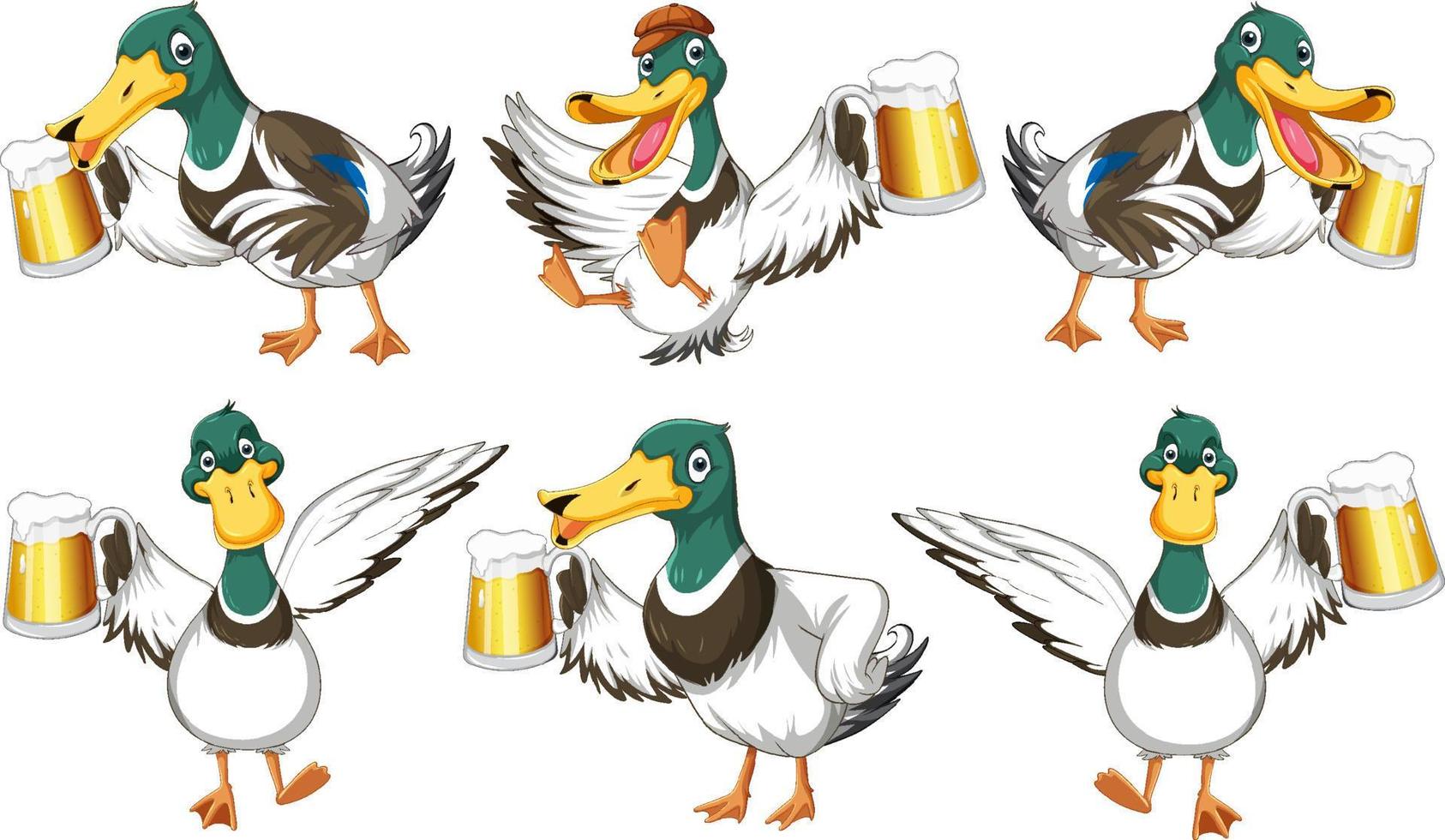 conjunto de patos salvajes bebiendo cerveza en diferentes poses vector