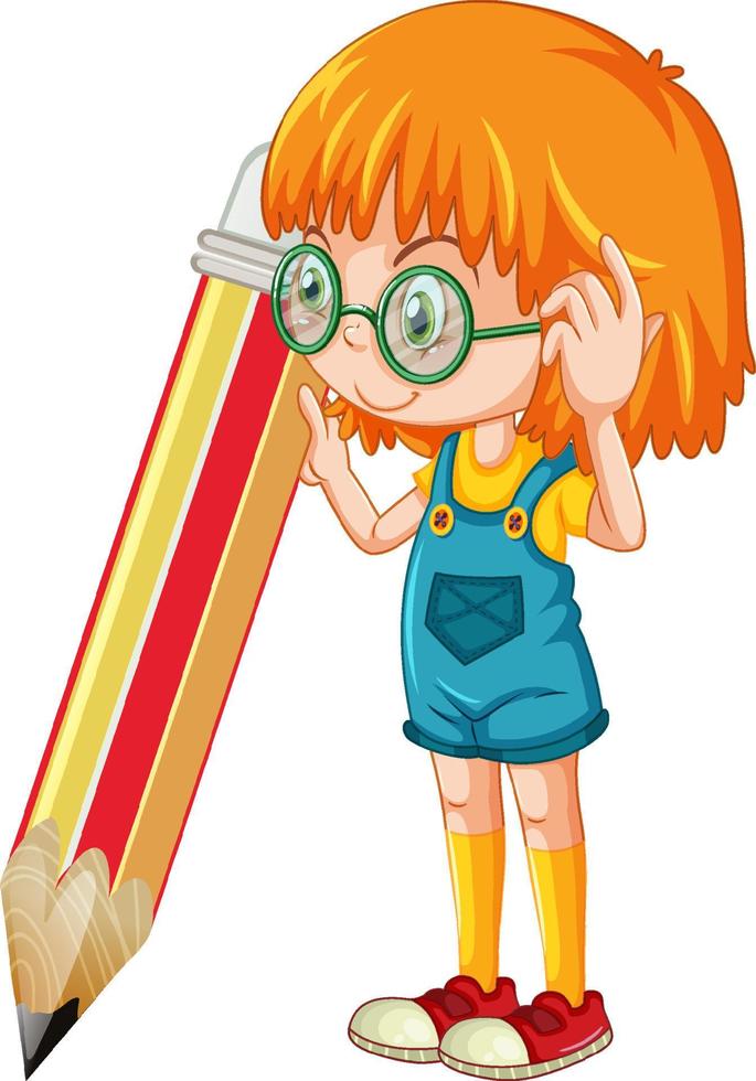 Girl holding pencil cartoon character on white background vector