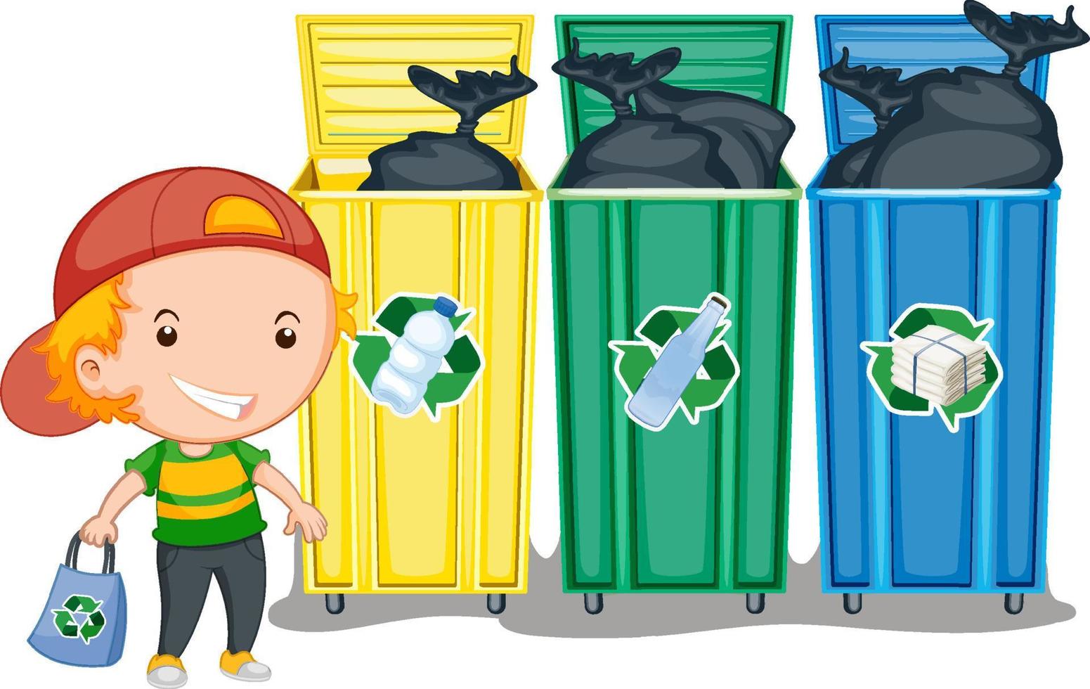 Little boy standing beside recycling bins vector