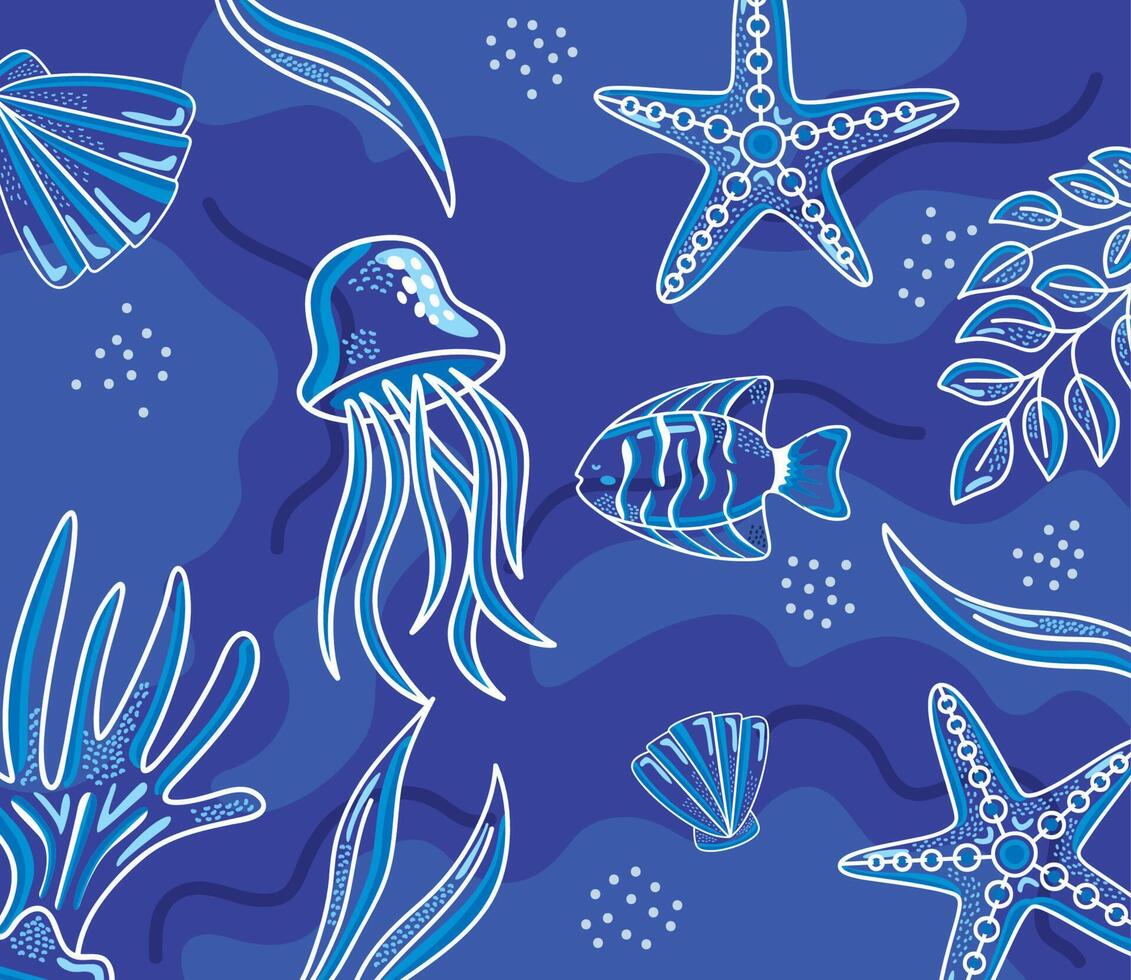 sea life animals blue pattern vector