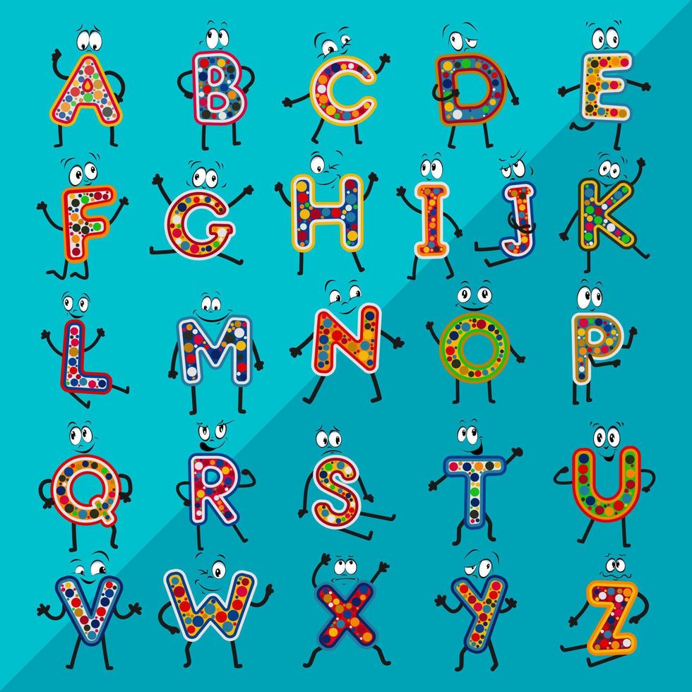alfabeto infantil con personaje de dibujos animados de expresión, conjunto de patrón de color de letra vector
