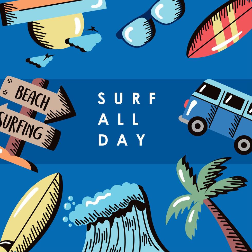 surf all day postcard vector