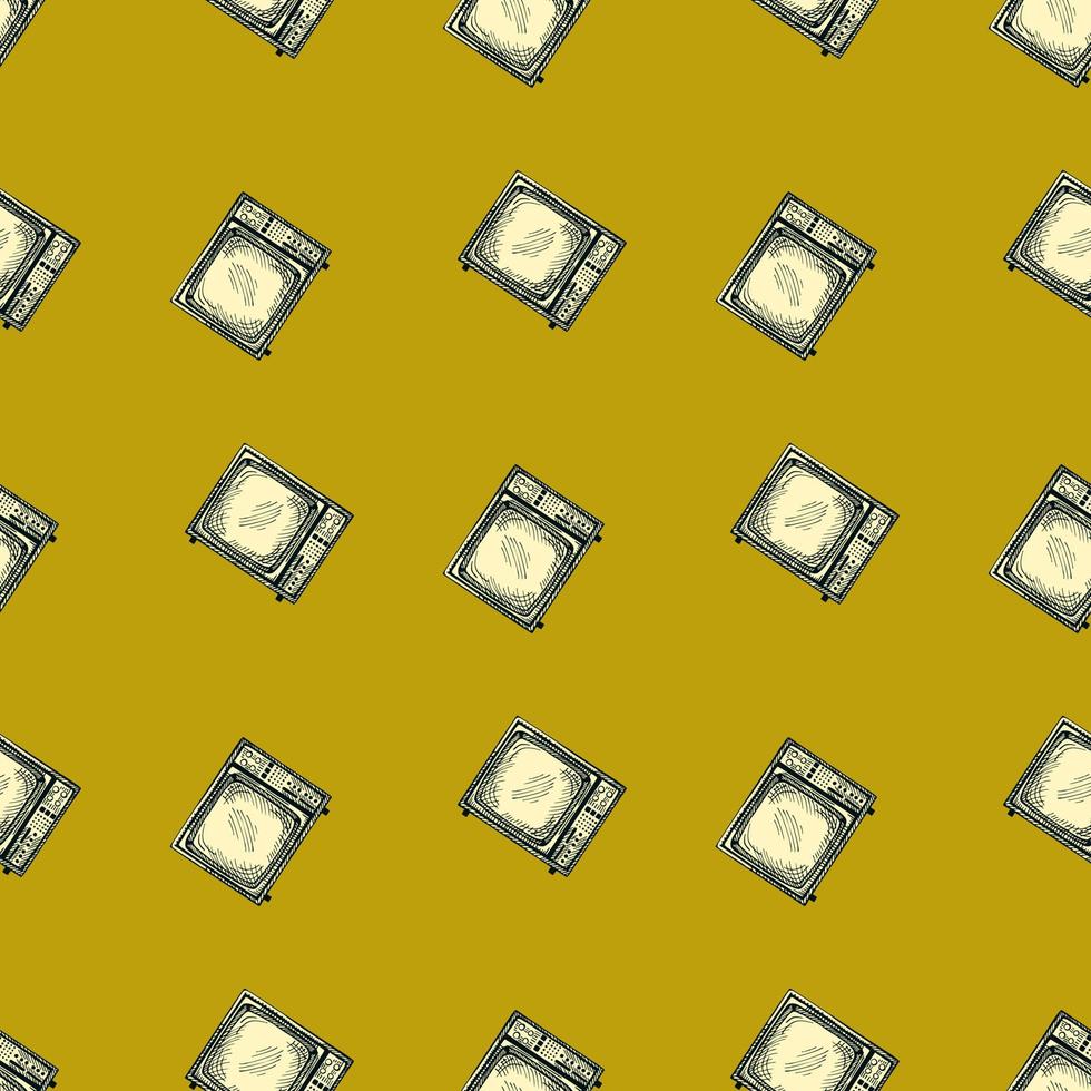 Retro TV engraved seamless pattern. Vintage television in hand drawn style. vector
