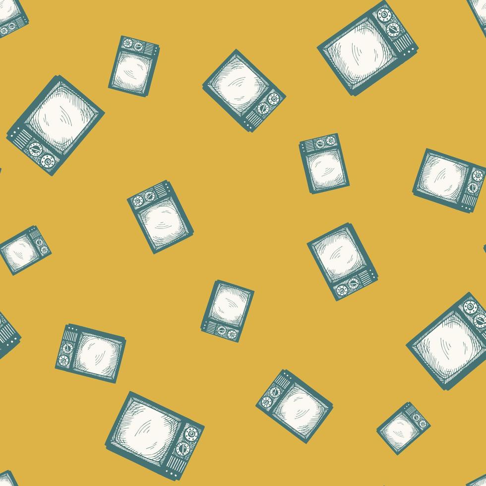 Retro TV engraved seamless pattern. Vintage television media in hand drawn style. vector