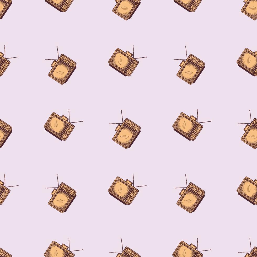 Retro TV with antenna engraved seamless pattern. Vintage television in hand drawn style. vector