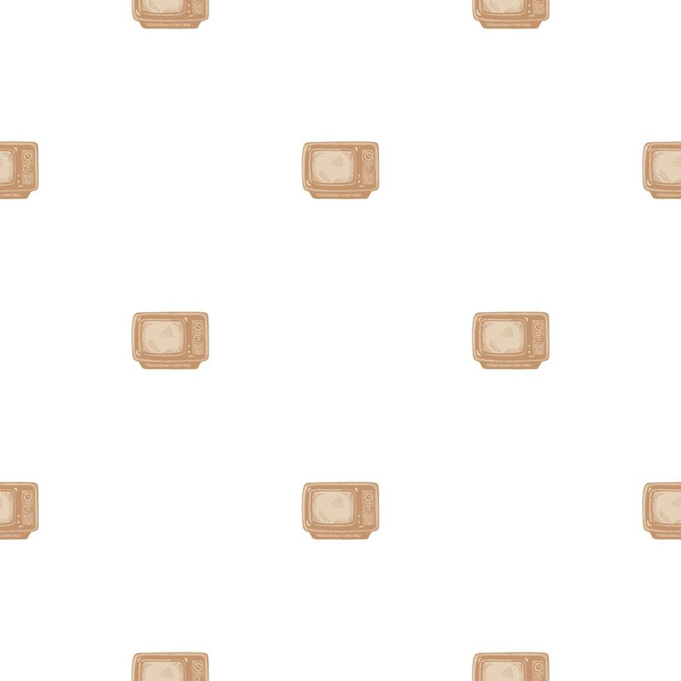 Retro TV engraved seamless pattern. Vintage television media equipment in hand drawn style. vector