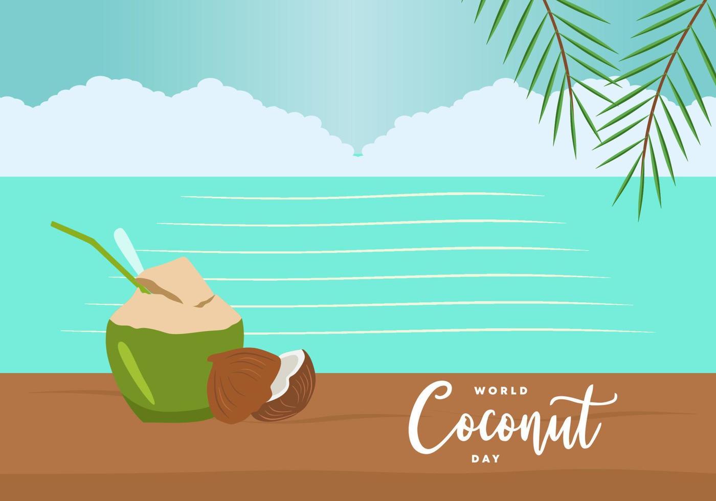 fondo del día mundial del coco con coco en la playa el 2 de septiembre. vector