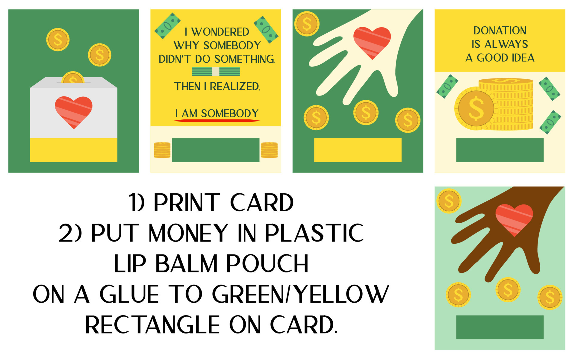 Set of donation cards with charity slogan. Money card with lip balm