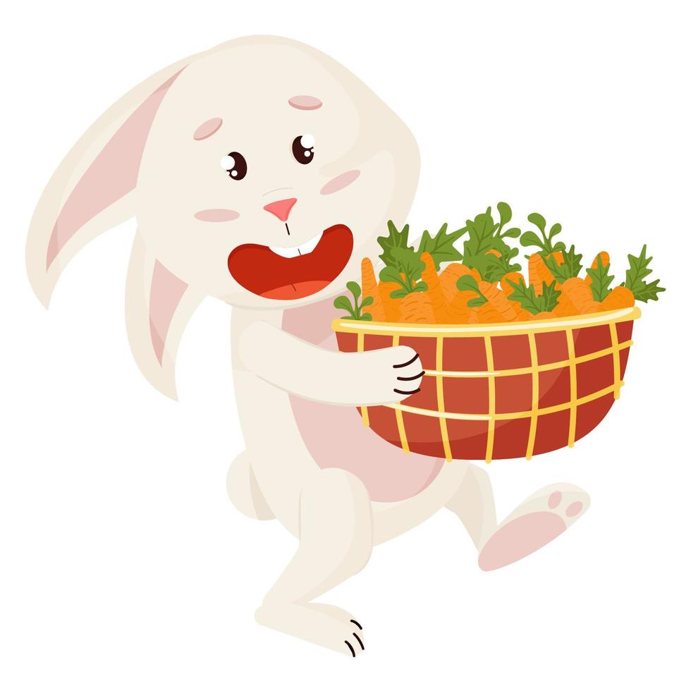 personaje de conejito. sentado y riendo divertido, feliz conejo de dibujos animados de pascua va con cesta de zanahorias vector