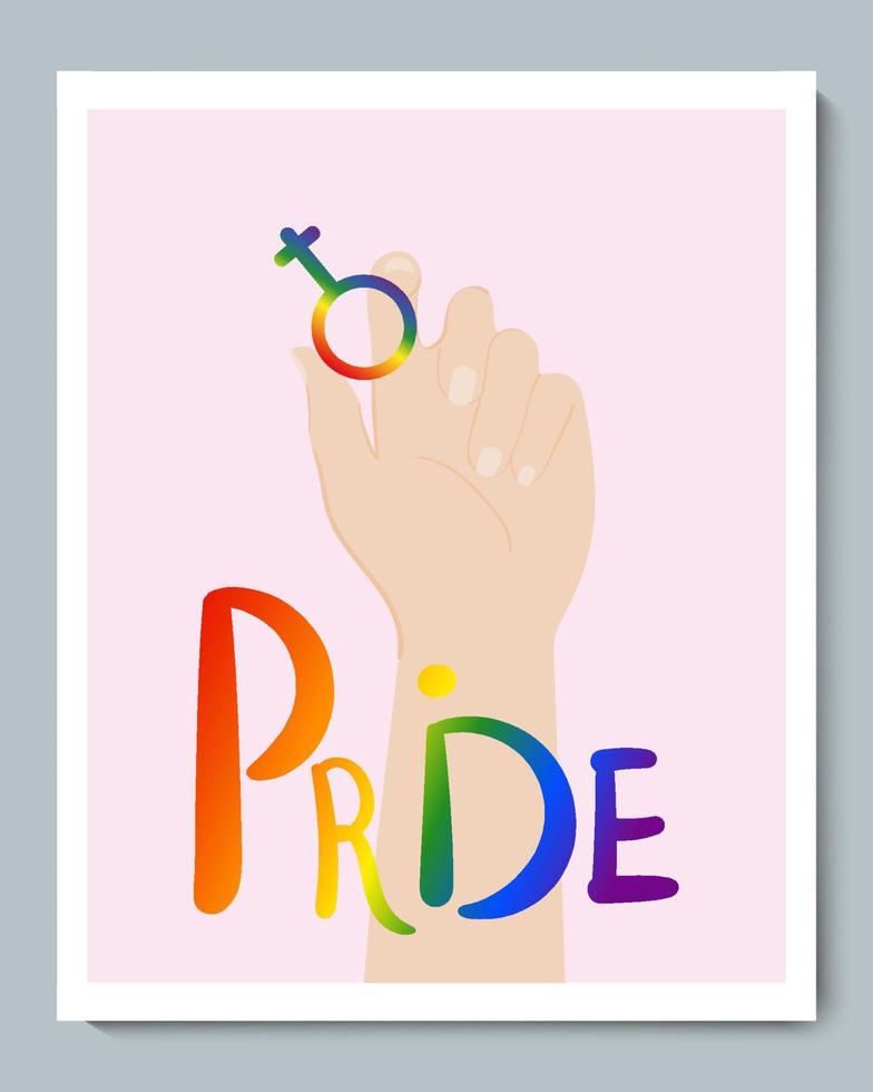 mano blanca con símbolo lgbt femenino de género arco iris y orgullo de inscripción de gradiente doole vector