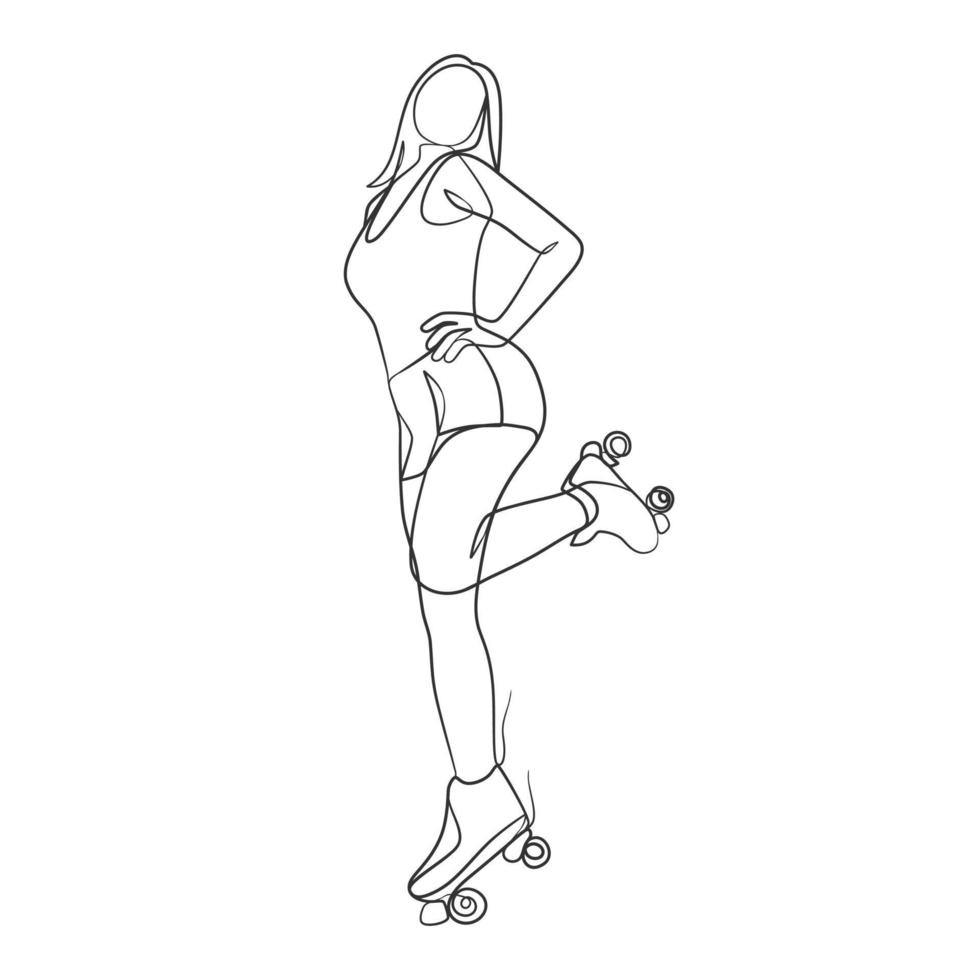Continuous line drawing of girl on rollers vector