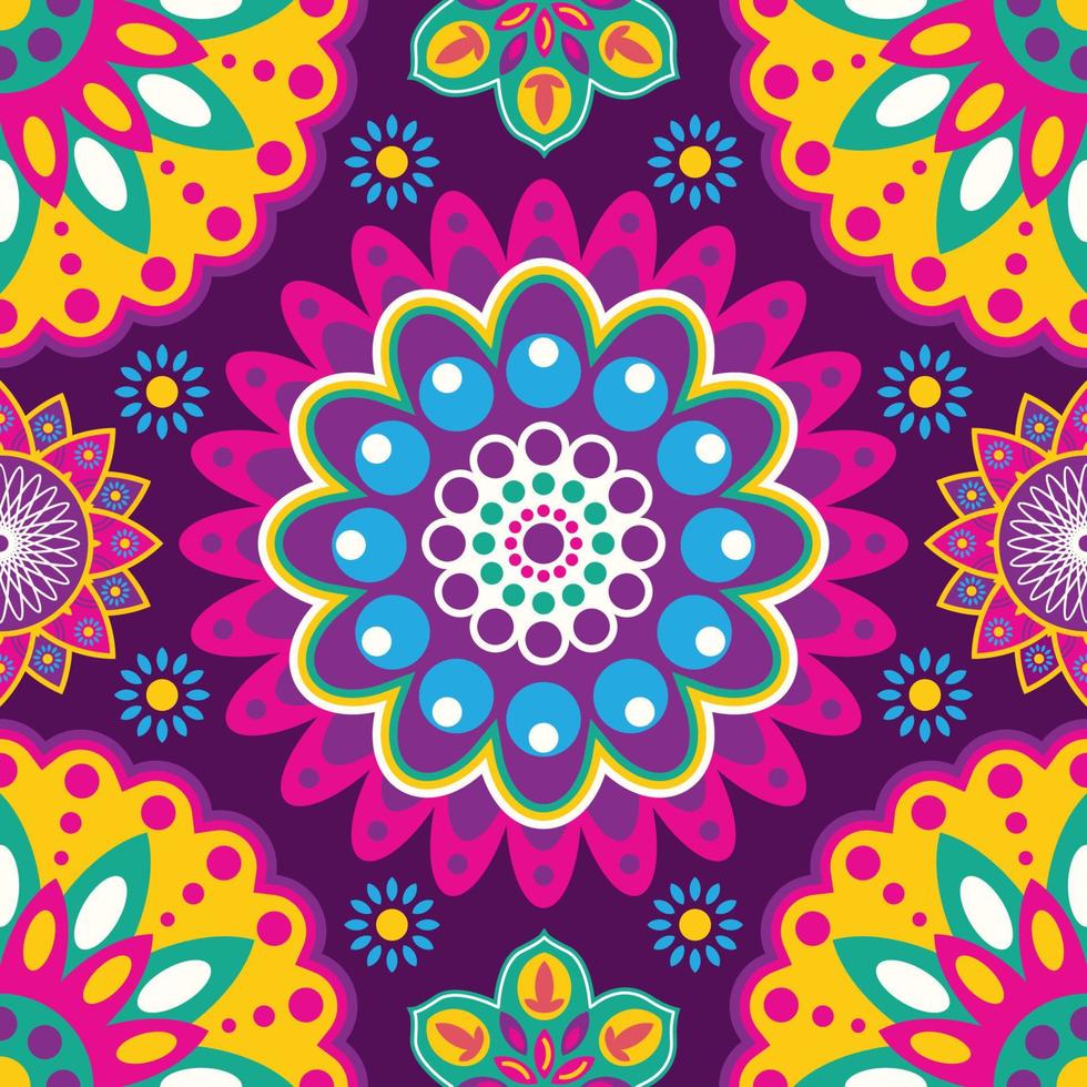 Beautiful Rangoli Colorful Geometric Flowers Seamless Pattern Background vector