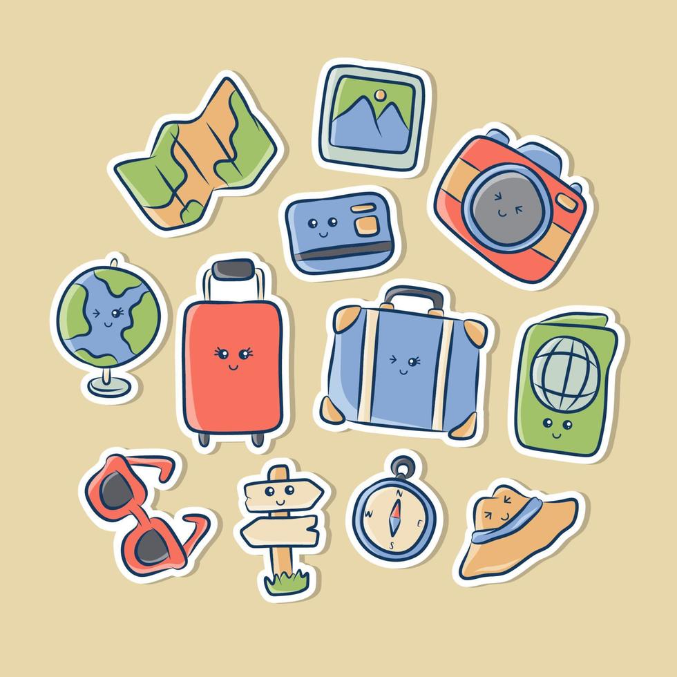 Kawaii Traveling Icon Cute Cartoon Sticker collection vector