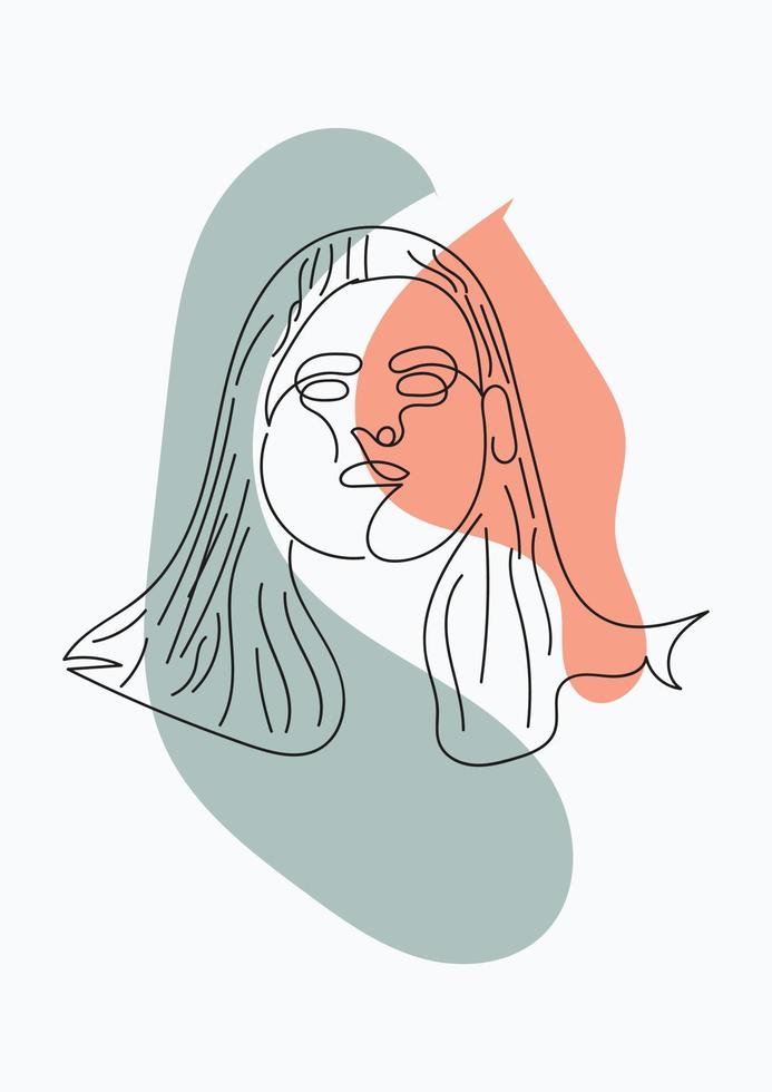 One line woman's face art. Abstract spots of pastel colors on the background vector