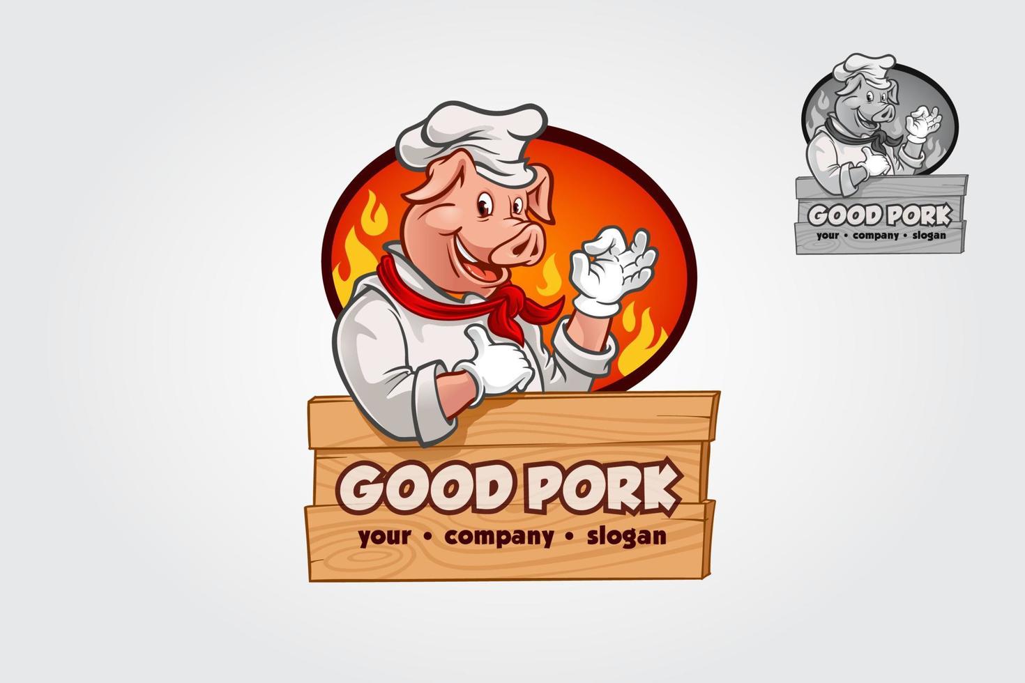 Good Pork Vector Logo Template. High quality piggy chef logo mascot illustration.