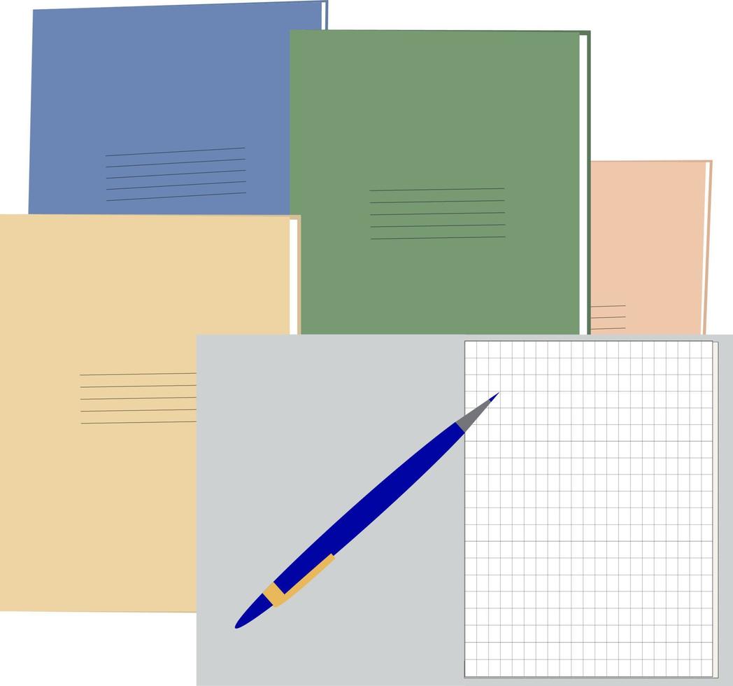 School supplies for learning. Notebooks and color pencils. Back to school. Education concept. Vector illustration