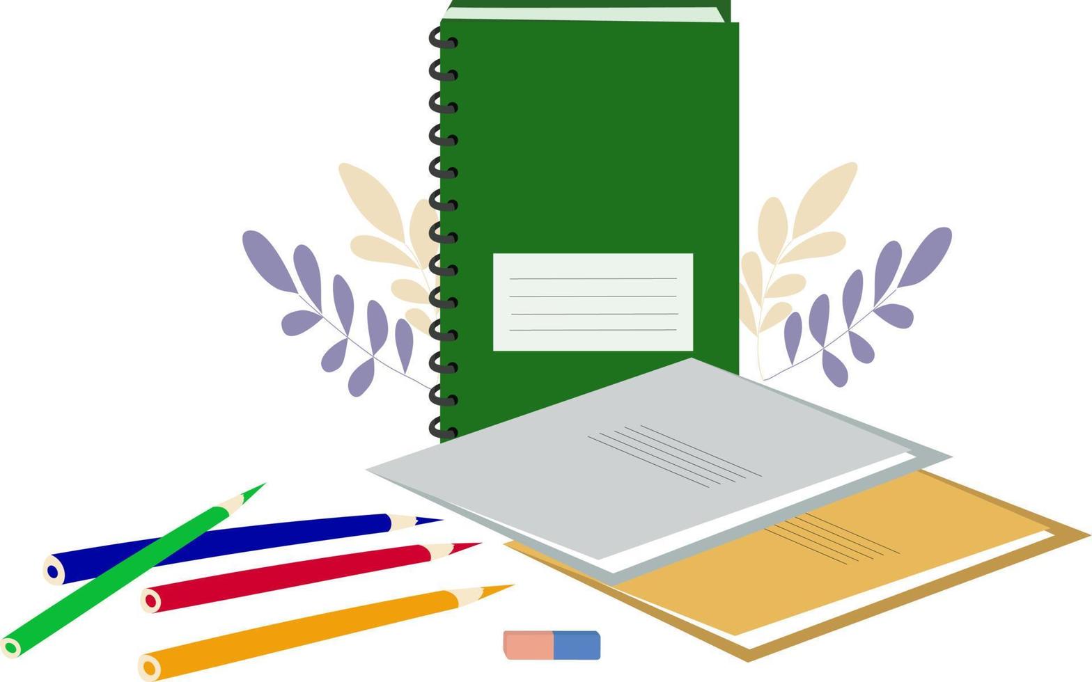 School supplies for learning. Notebooks and color pencils. Back to school. Education concept. Vector illustration