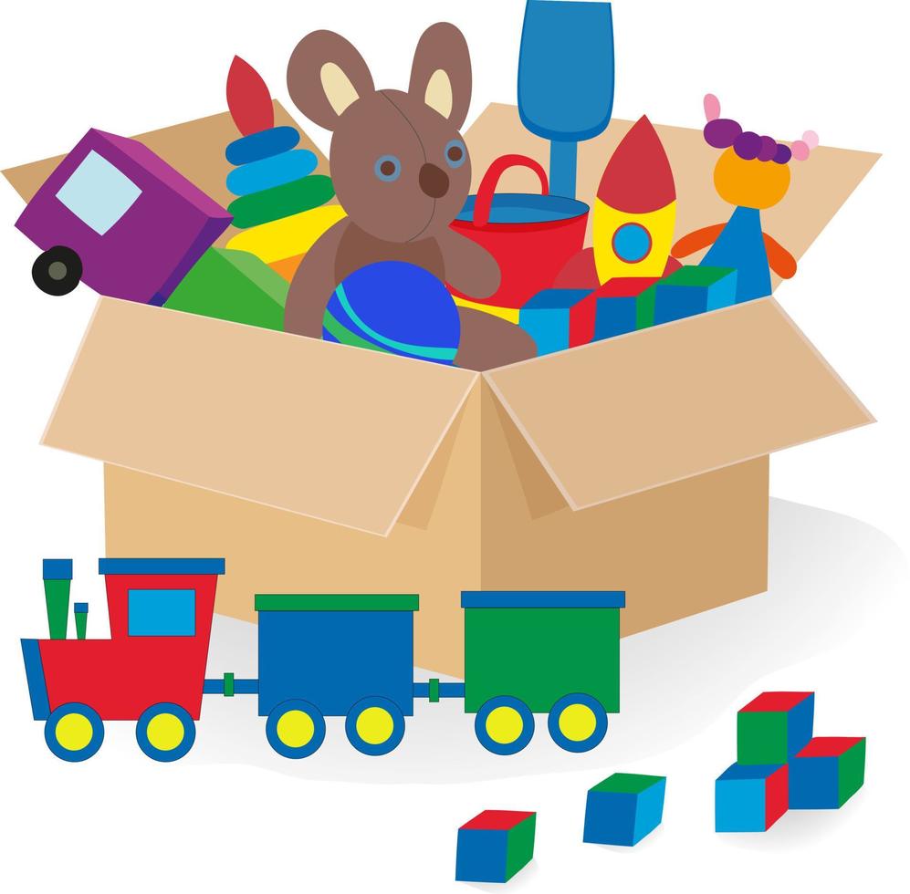 caja de cartón con juguetes para niños. mudarse a otro lugar. el concepto de una infancia feliz vector