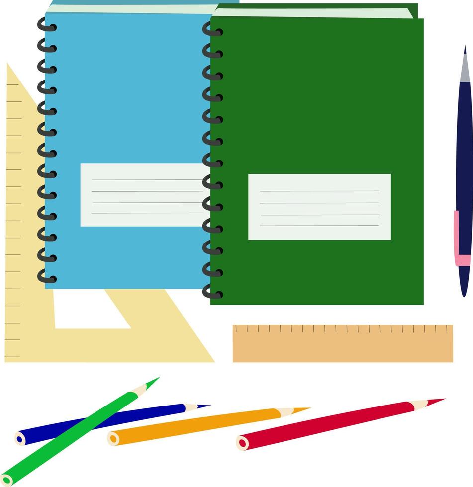 School supplies for learning. Notebooks and color pencils. Back to school. Education concept. Vector illustration