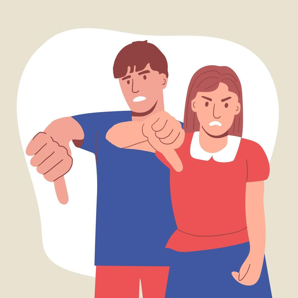 Disappointed couple man and woman with thumb down. A gesture of disapproval. Negative emotion of the person. disliked vector
