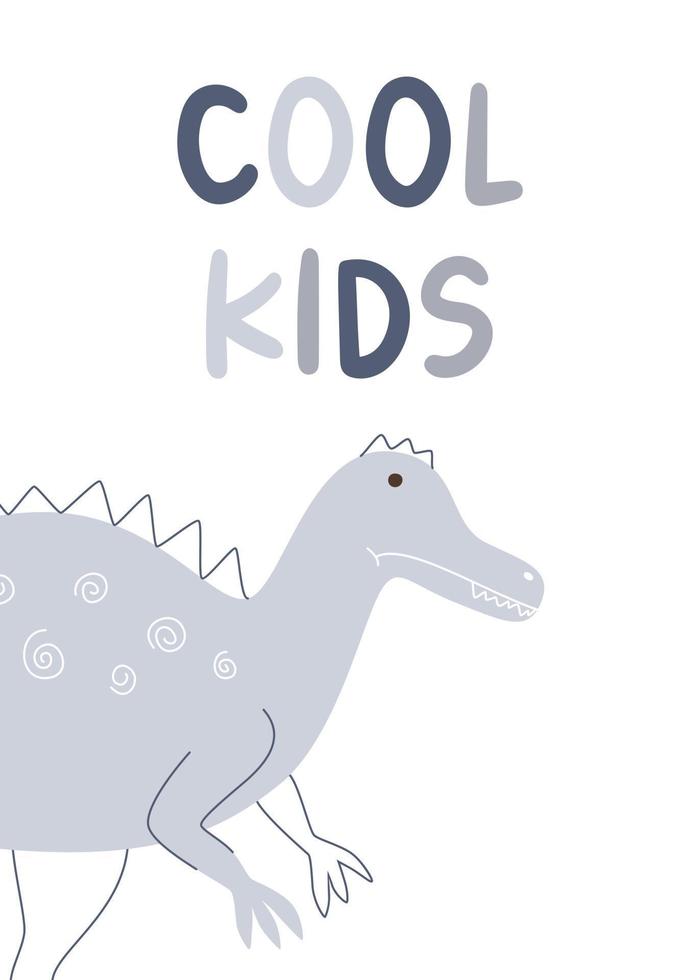 cartel infantil con lindo irritante de dinosaurio y niños geniales de texto. ilustración vectorial para tarjeta de felicitación de cumpleaños para niños vector