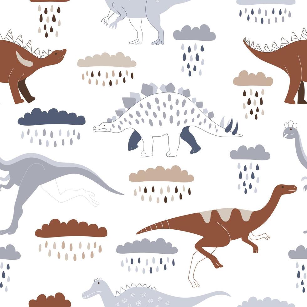 Prehistoric colored dinosaurs running under rain clouds on white background. Vector seamless pattern with wild animals