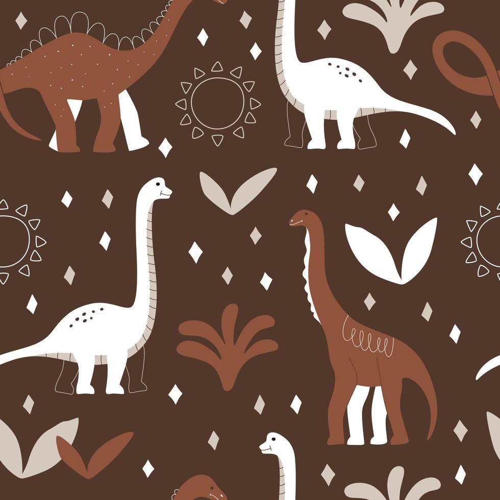 Doodle dinosaur on brown background with sun and plant. Seamless pattern with wild prehistoric animal vector
