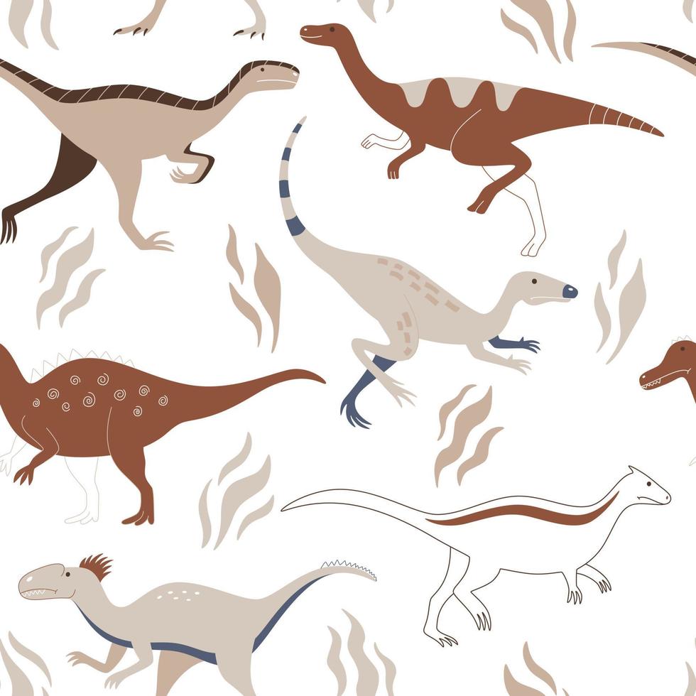 Cute dinosaurs on a white background run between plants. Seamless pattern with wild prehistoric animals vector