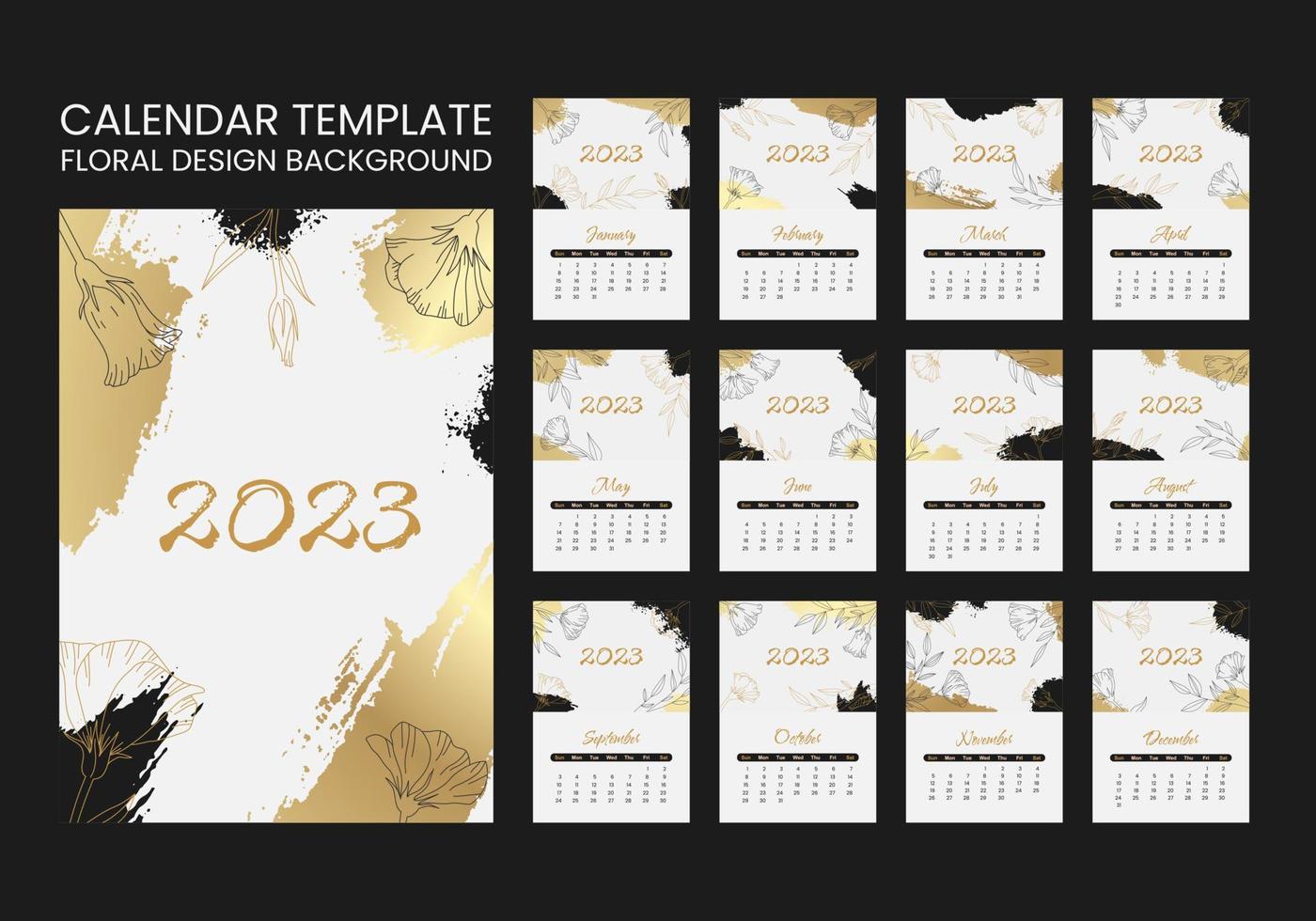 Trendy abstract background with brush paint shapes and flower element in luxury black and gold colors. 2023 Calendar year vector illustration poster. Monthly vertical calendar template