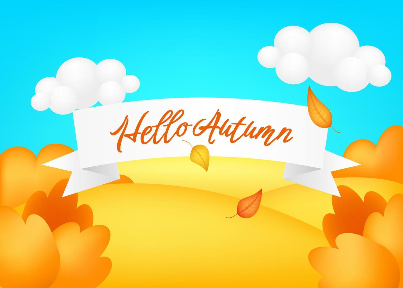 Hello autumn. Meadow 3d vector illustration. Bright landscape of harvest valley, kids background. Colorful cute scenery with fall season yellow field, trees, blue sky, clouds for children's sites.