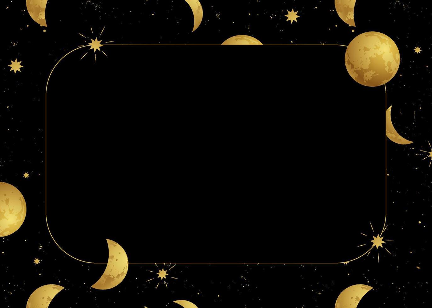 Golden space backdrop with stars and moon phases on a black background with frame for tarot, astrology, wallpaper, case for phone. Magic cosmic sky, abstract esoteric ornament. Vector illustration.