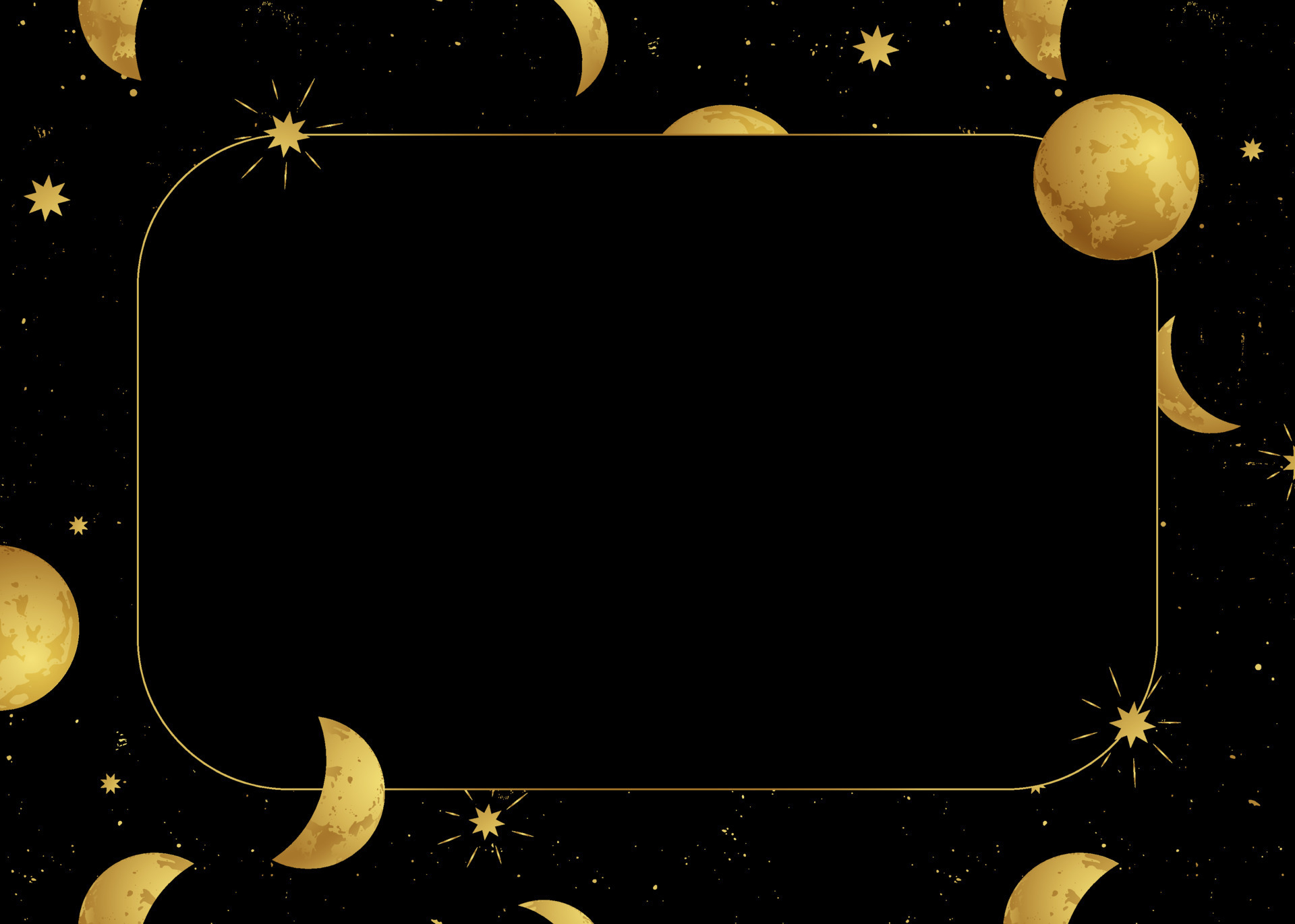 Golden space backdrop with stars and moon phases on a black background
