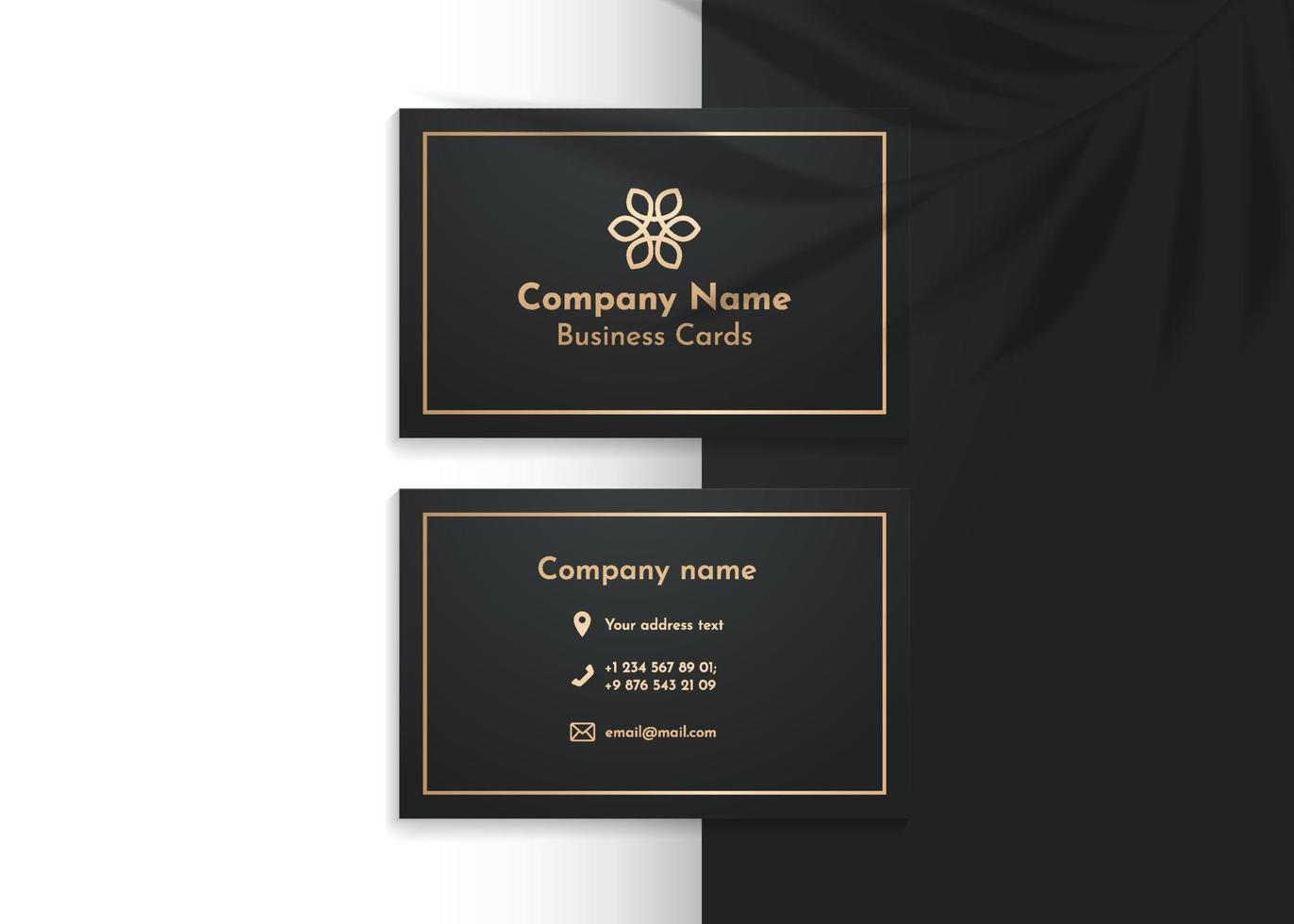 Plant shadow overlay vector mockup horizontal business card two sides. Realistic shadows overlays tropic leaf on black background. Template card, blank, social media, flyer, logo in luxury trendy