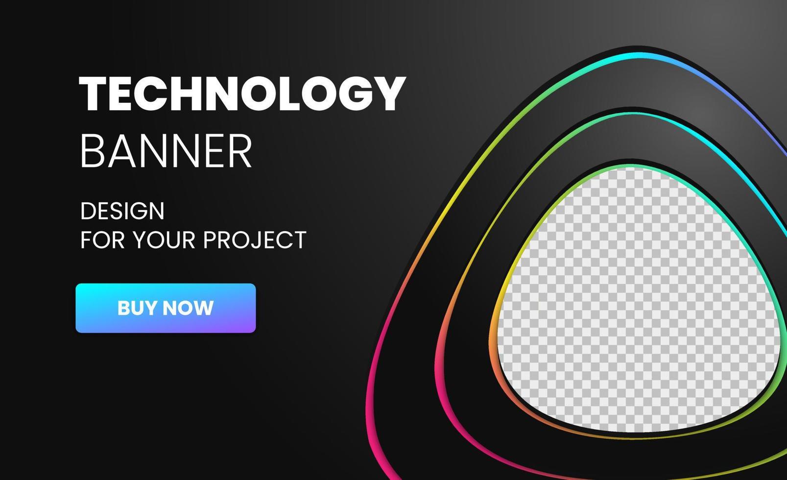 Modern technology banner in geometry style. Futuristic hi-tech colorful background. Vector illustration. Dynamic neon rainbow line abstractions for typography, design frame for social media post.